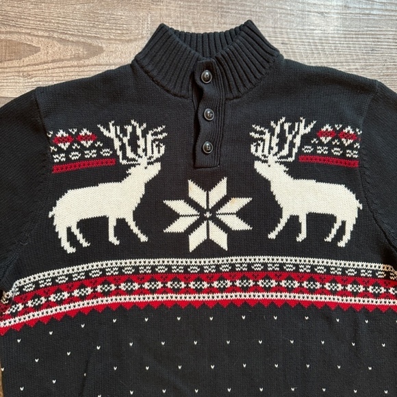 Chaps Sweater Mens Size L Black Snowflake Dear Pullover 1/4 Button Down - Picture 3 of 11